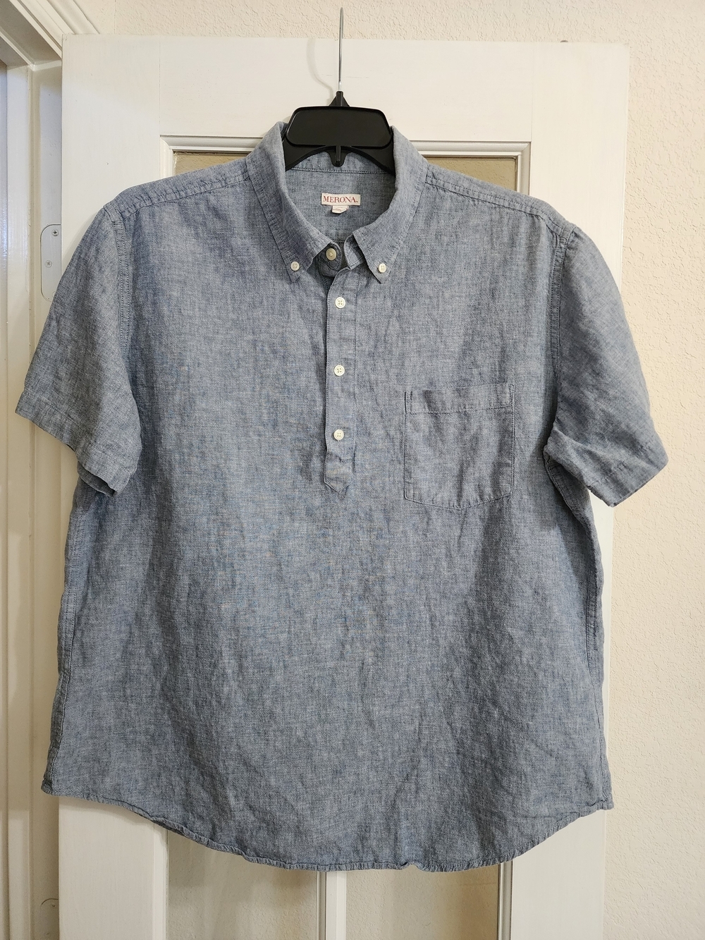 Merona XL Linen Cotton Blue Chambray Popover Shirt Short Sleeve Men's